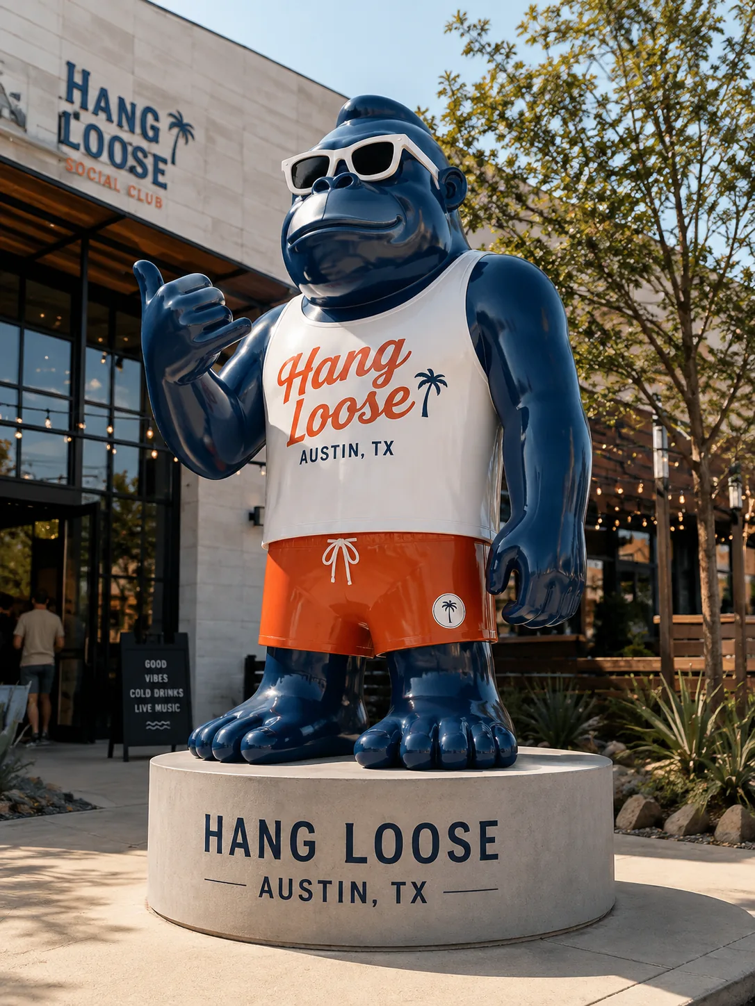 A painted fiberglass gorilla statue on a concrete plinth outside a social club, wearing a branded tee and shorts.